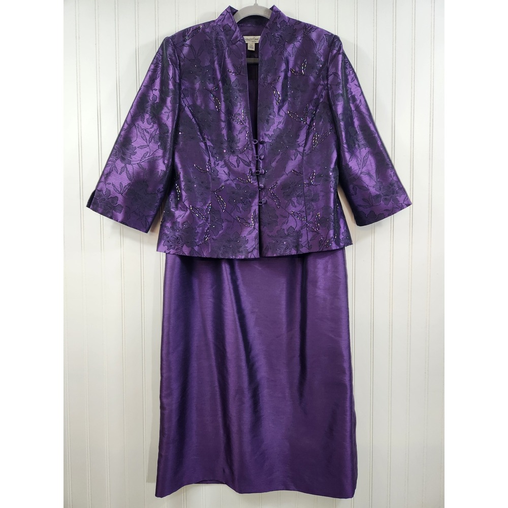 Coldwater Creek Purple Beaded Floral Jacket & Sheath Dress Suit Set Womens P12‎